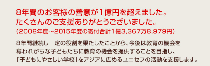 8年間のお客様の善意が1億円を超えました。たくさんのご支援ありがとうございました。
（2008年度～2015年度の寄付合計1億3,367万8,979円）

8年間継続し一定の役割を果たしたことから、今後は教育の機会を奪われがちな子どもたちに教育の機会を提供することを目指し、「子どもにやさしい学校」をアジアに広めるユニセフの活動を支援します。